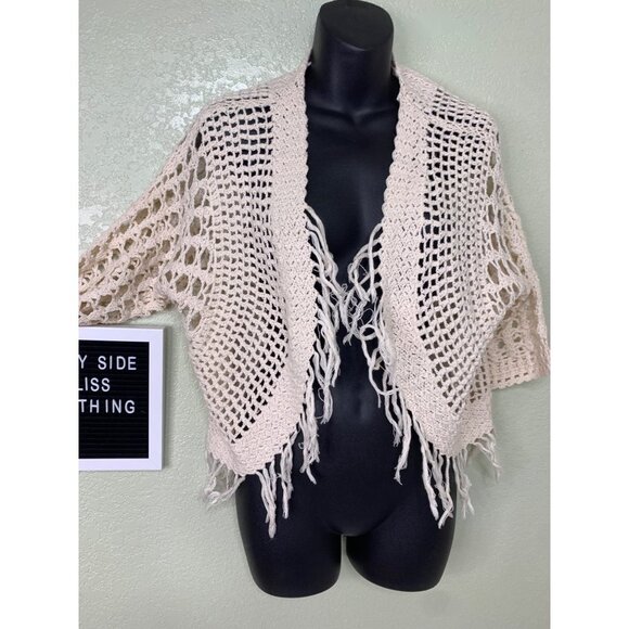 Chico’s Cream Cotton Cardigan with Fringe Size 1 - Picture 2 of 9